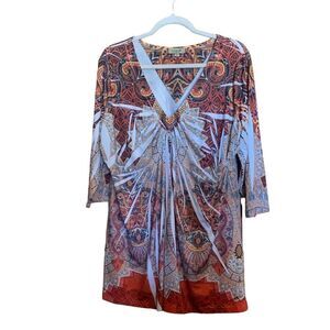 One World Womens Plus Size 1X Multicolor Boho V-Neck Embellished Blouse